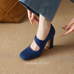 Scarpe donna punta quadrata tacco spesso bocca bassa elastico piatto moda tacco alto - Foto 1 di 24