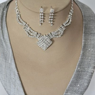 Set Gioielli Collier Orecchini Cristalli Strass Sposa Collana Argento 92 - Immagine 1 di 2