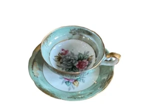 Vintage Royal Sealy China Japan Sockel Tasse & Untertasse grün gold Borte Rosen - Bild 1 von 11