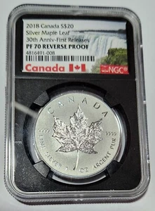 2018 $20 Canada 1 oz Reverse Proof Silver Maple Leaf, NGC PF70, 30th Anniv - Picture 1 of 2