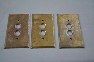 3 OLD 1920s BRASS PLATED STEEL SWITCH PLATES FOR PUSH BUTTONS ROUND HOLES (G59) - Picture 1 of 3