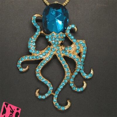 Hot Fashion Women Blue Rhinestone Cute Octopus Crystal Pendant Chain Necklace - Image 1 of 3