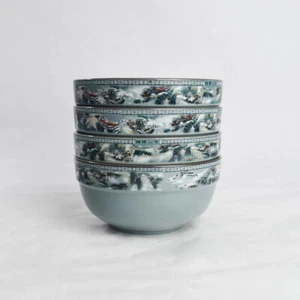 Chinese Blue Gray Rice Bowl Set of 4 Mountain Waterfall Landscape Scenery - Picture 1 of 11