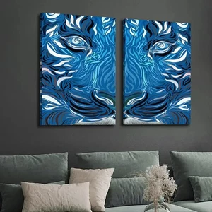 2pcs Abstract Blue & White Tiger Illustration Wall Art Canvas Unframed - Picture 1 of 6
