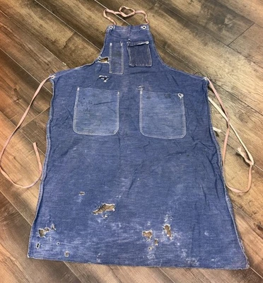 Vtg Distressed Blue Denim Selvedge Apron Workshop WORK WEAR Pontiac Pockets - Image 1 of 4