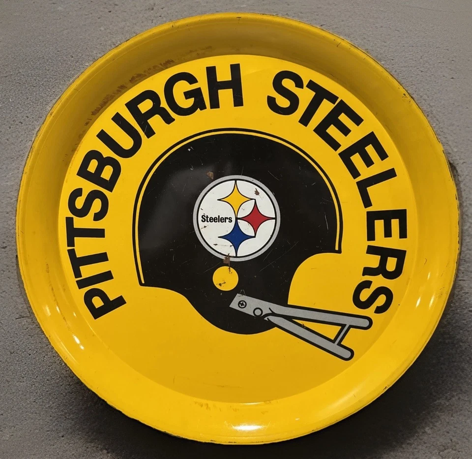 Bandeja de barra de metal para servir cerveza vintage Pittsburgh Steelers NFL 14" envejecida rara Foto 1 de 4