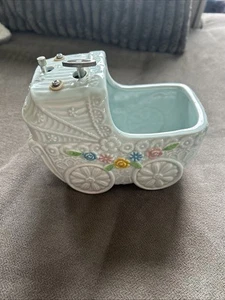 Vintage Pottery Blue Baby Stroller Nursery Vase Planter Trinket Newborn - Picture 1 of 5