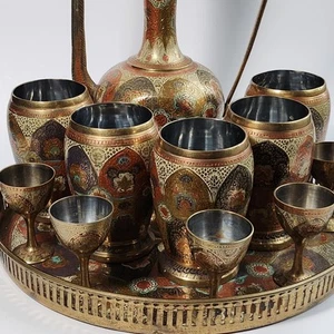 Vintage Brass India Pitcher Hand Etched Engraved Floral Tea Coffee Set of 12 - Picture 1 of 24