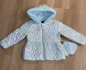 Rothschild Girls Aqua Iridescent Puffer Anorak Coat Faux Fur Hood Size 4T New - Picture 1 of 7