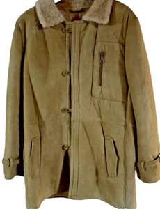 VTG Handmade Mens XL Med Brown Luxury Sheepskin Shearling Leather 32" Long Coat - Picture 1 of 12