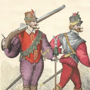 Mousquetaire et officier d'infanterie au XVIe siècle - Gravure de presse 1880 - Picture 1 of 2
