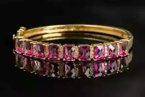 12Ct Emerald Cut Lab Created Ruby Women's Bangle Bracelet 14K Yellow Gold Plated - Picture 1 of 5