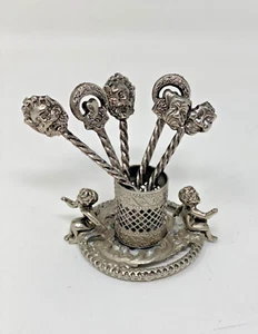 Barock Cherub Mini Halter 5 Cocktail Plektren Vorspeise Spieße Silberfarben Vintage - Bild 1 von 14
