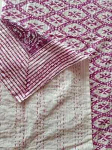 Hand Block Print Kantha Quilt Queen Bedspread Bedding Blanket Coverlet Handmade - Picture 1 of 4