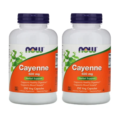 NOW FOODS (2 PACKS) Cayena 500 mg 250 Cápsulas Vegetales Foto 1 de 4
