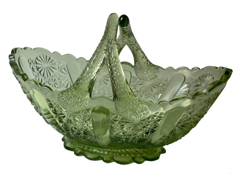 1960's Fenton Glass Oval Basket Colonial Green Daisy & Button Split Twig Handle Cover