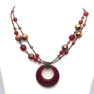 Lia Sophia Red Glass Circle Pendant Necklace Red and Gold Tone Faceted Beads - Picture 1 of 5