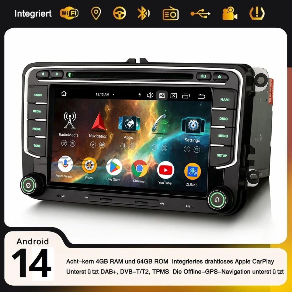 Android 14 Autoradio Für VW Golf 5/6 Passat Tiguan Polo T5 Caddy Skoda SEAT Navi - Bild 1 von 4