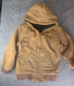 Carhartt Canvas Jacket Youth Medium 10-12 Brown Coat Quilted Hooded Distressed - Picture 1 of 10