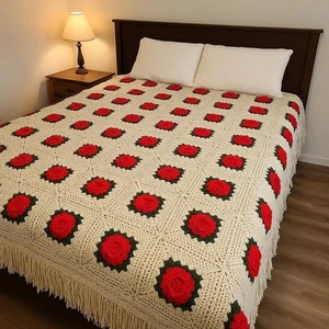 Vintage 70s Handmade Crochet Afghan Blanket Red Rose Granny Squares Fringe Throw - Picture 1 of 5