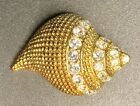 Vintage Kenneth Jay Lane Seashell Pin Brooch Pendant Gold Tone Pave Crystals Kjl