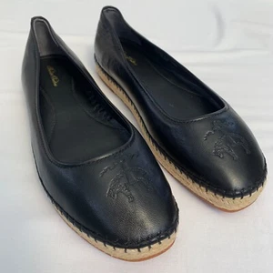 Brooks Brothers Leather Espadrille Womens Size 8 Flats Black Logo Embossed Jute - Picture 1 of 14