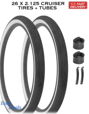 26" x 2.125 Set of Beach Cruiser Bicycle White Wall Tires and Tubes DURO Brick - Image 1 of 2