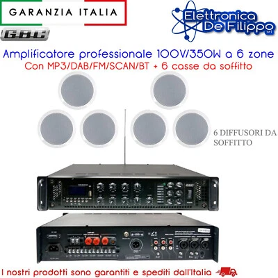 Amplificatore professionale 100V/350W a 6 zone MP3/DAB/FM/SCAN/BT con 6 casse - Immagine 1 di 4