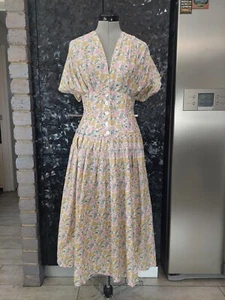 Vintage JANE LAMBERT 10 white green pink YOKE waist Pleated flared floral dress - Picture 1 of 14