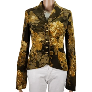 Le Chateau Cropped Blazer Womens S Hunter Green Yellow Floral gold buttons - Picture 1 of 9