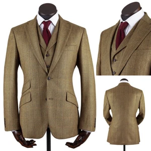 Men Suits Regular Fit Wool Blend Herringbone Notch Lapel Blazer Business Wedding - Picture 1 of 16