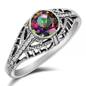 1CT Natural Rainbow Topaz 925 Solid Sterling Silver Filigree Ring Sz 6 F2-2 - Picture 1 of 4