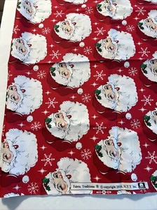 Christmas Santa Heads Faces Snowflakes on Red Cotton Fabric 1 Yard X 44” - Picture 1 of 3