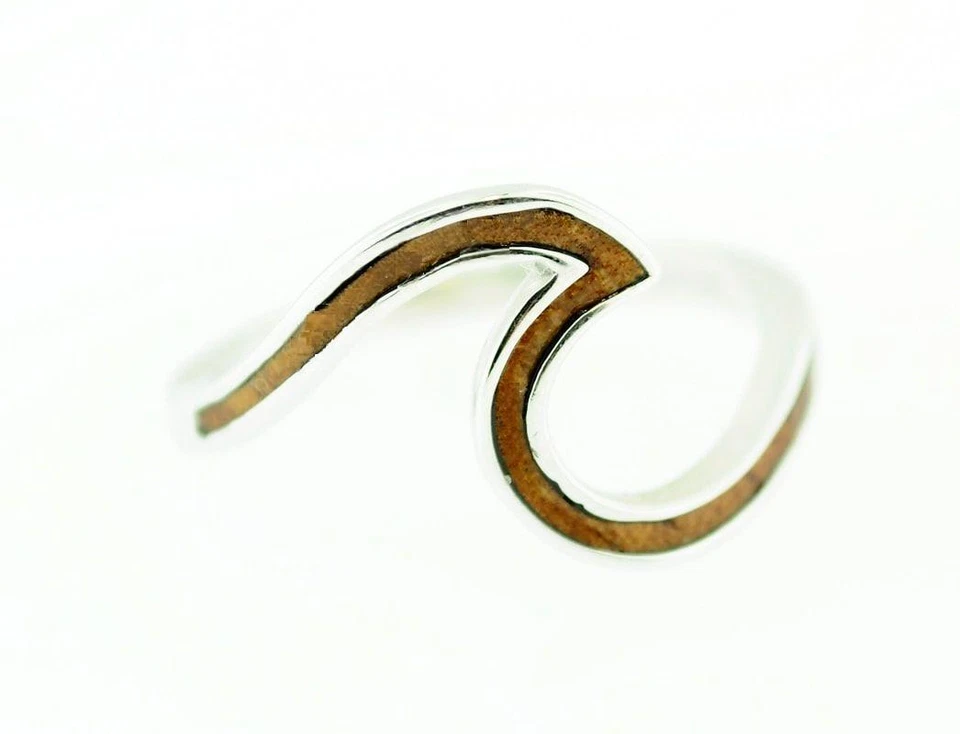 ANILLO OLA OCÉANO ROMPIENDO MADERA KOA HAWAIANO CON INCRUSTACIONES DE PLATA 925 RODIO 20 MM 5-10 Foto 1 de 4