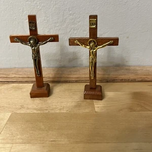 Pair Crucifix Wooden Statues 4in Sacred Heart League Catholicism Religious Jesus - Picture 1 of 12