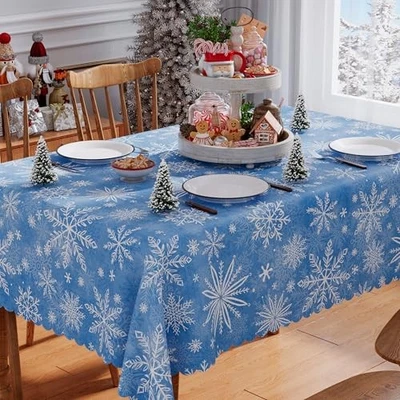  Christmas Tablecloth 60x84 Inch Rectangle, Washable Blue Snowflake Waterproof  - Image 1 of 4