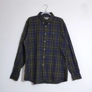 Barbour Plaid Shirt XXL Olive Green Navy Check Twill Cotton Outdoor Tailored Fit - Picture 1 of 10