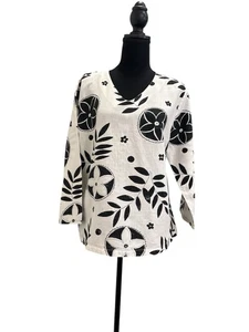 Hot Baumwolle Damen weiß/schwarz Blume V-Ausschnitt Leinenmischung Bluse Top Größe L - Bild 1 von 6