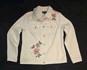 Diane Gilman Cream Floral Embroidered Denim Jacket L - Picture 1 of 8