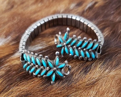 VTG 1950s Horace Sanchez Zuni Needlepoint Turquoise Ladies' Watch Tip Bracelet - Image 1 of 4