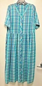 Seersucker Plaid Snap Front Lounge Patio Dress Muumuu - Picture 1 of 2