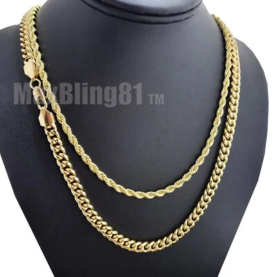 Juego de collar de cadena de cuerda Hip Hop chapado en oro de aleación de 4 mm 24" y cadena cubana de 6 mm 30" Foto 1 de 2