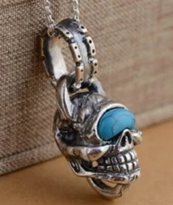 Colgante plateado de calavera de ojos turquesa japonés de primer nivel de estornino vintage - Imagen 1 de 12