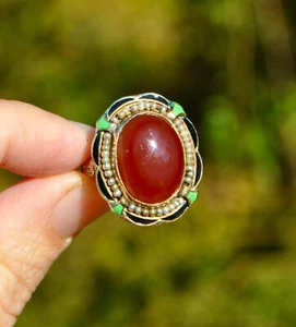 Alter Vintage Art Deco 14k massiv Gold Karneol Saatperlen Heiligenschein Ring - filigran Emaille - Bild 1 von 12