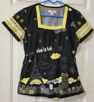 Koi скраб верхний маленький S черный желтый Vive La Koi Париж город горизонт Франции французский  - Изображение 1 из 2