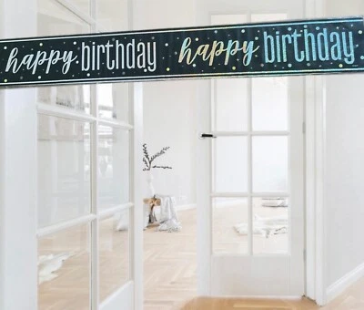 UNIQUE Glitz Black & Silver Happy Birthday Holographic 9ft Foil Banner Decorations