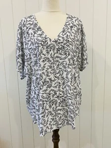 Country Road Size 14 White Black Leaf Pattern Short Sleeve Summer Blouse - Picture 1 of 12