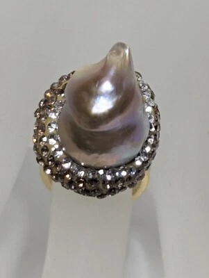 Anillo Chapado en Oro Ajustable Perla Buroque Metálica Vintage Estate con Estrás Foto 1 de 4