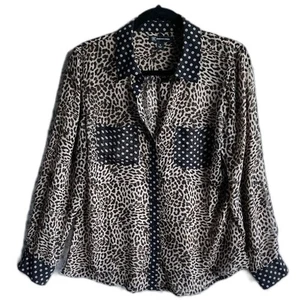 INC Langarm transparentes Oberteil M Knopfleiste Shirt Animal Print Polka Dots braun schwarz - Bild 1 von 8