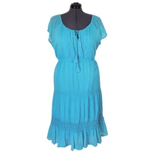 Mlle Gabrielle Midi Dress Size 3X Turquoise Tiered Crochet Trim Lined Cotton New - Picture 1 of 10